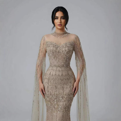 Luxury Arabic Blue Beaded Mermaid Evening Dress with Long Cape Sleeves LA72714AA
