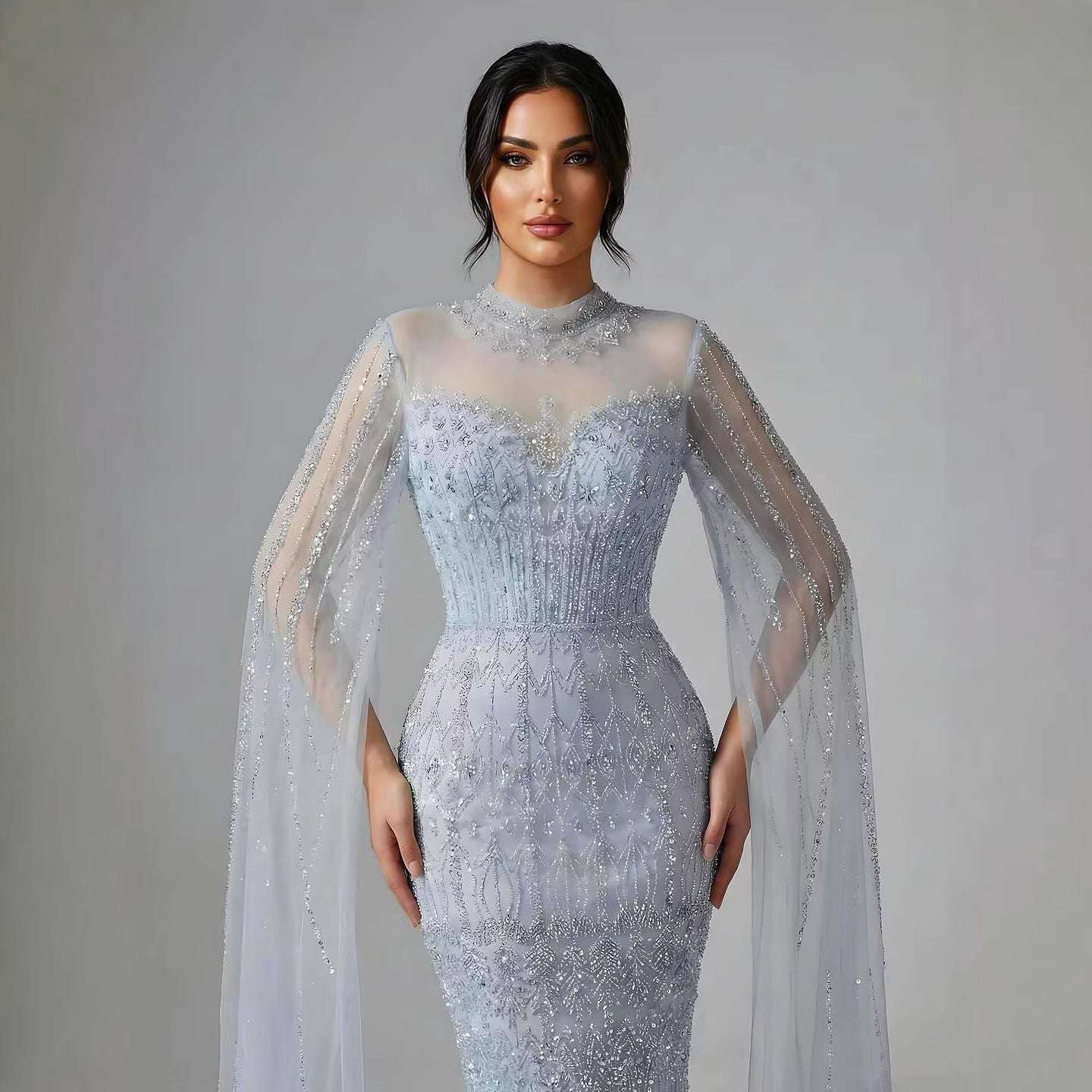 Luxury Arabic Blue Beaded Mermaid Evening Dress with Long Cape Sleeves LA72714AA