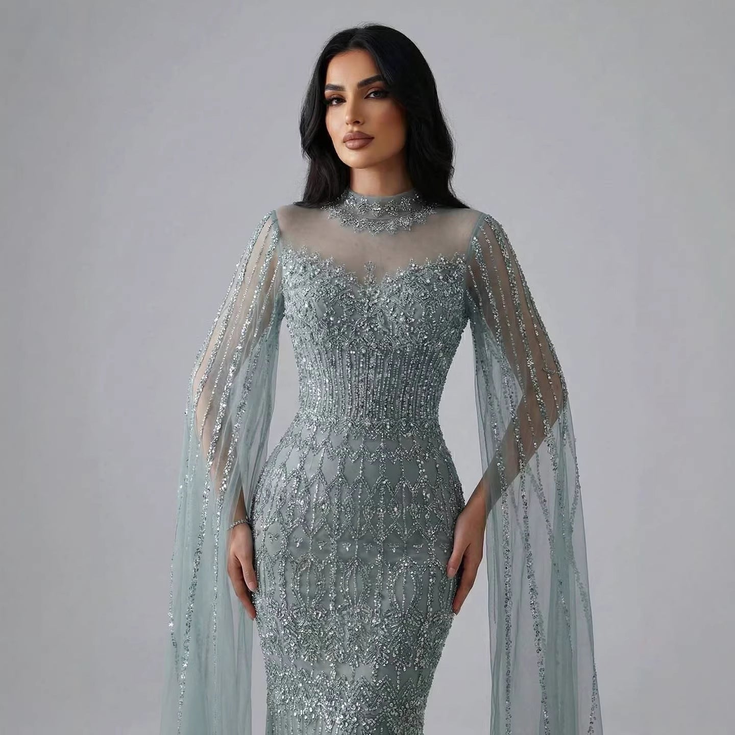 Luxury Arabic Blue Beaded Mermaid Evening Dress with Long Cape Sleeves LA72714AA