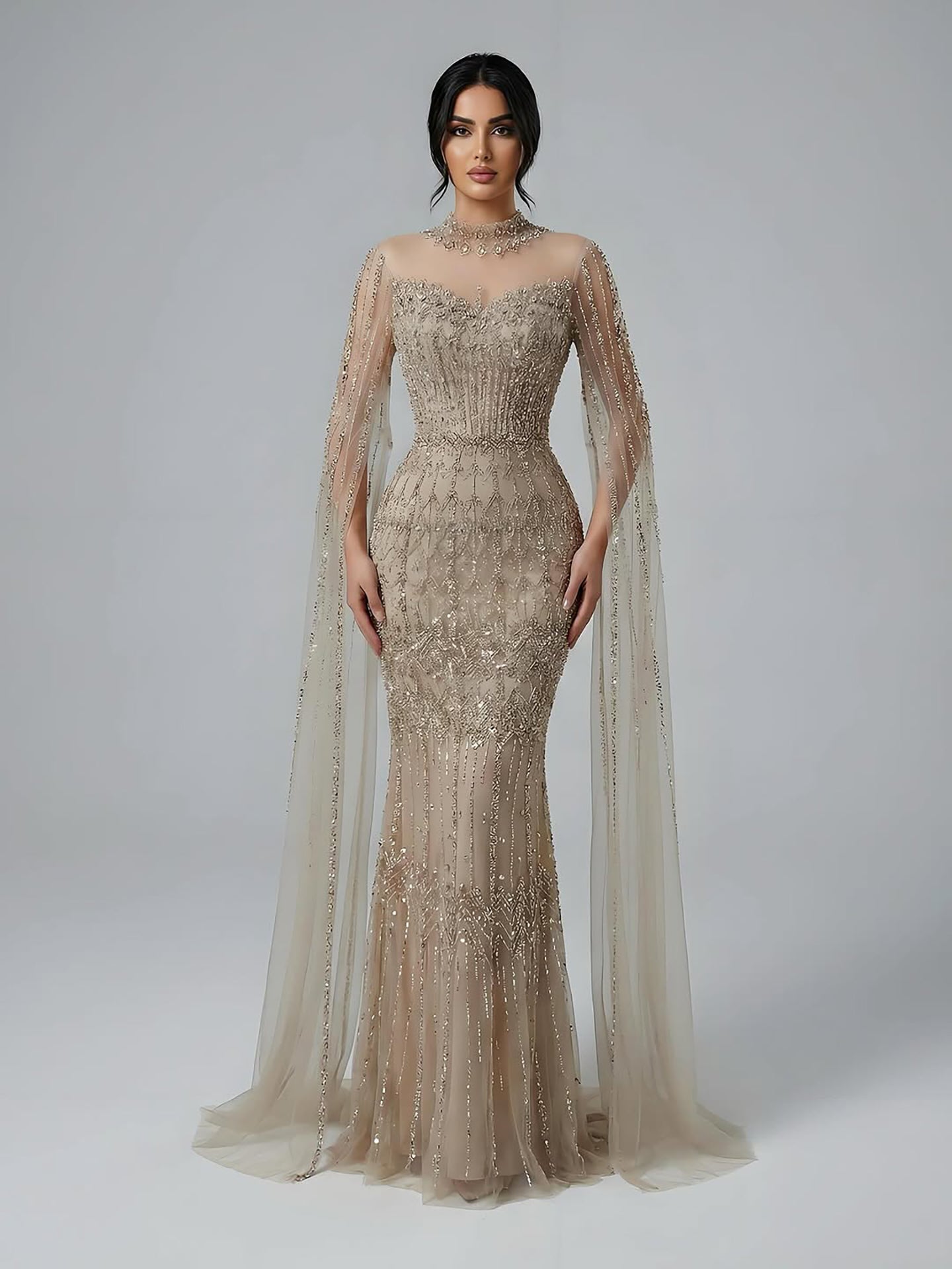 Luxury Arabic Blue Beaded Mermaid Evening Dress with Long Cape Sleeves LA72714AA
