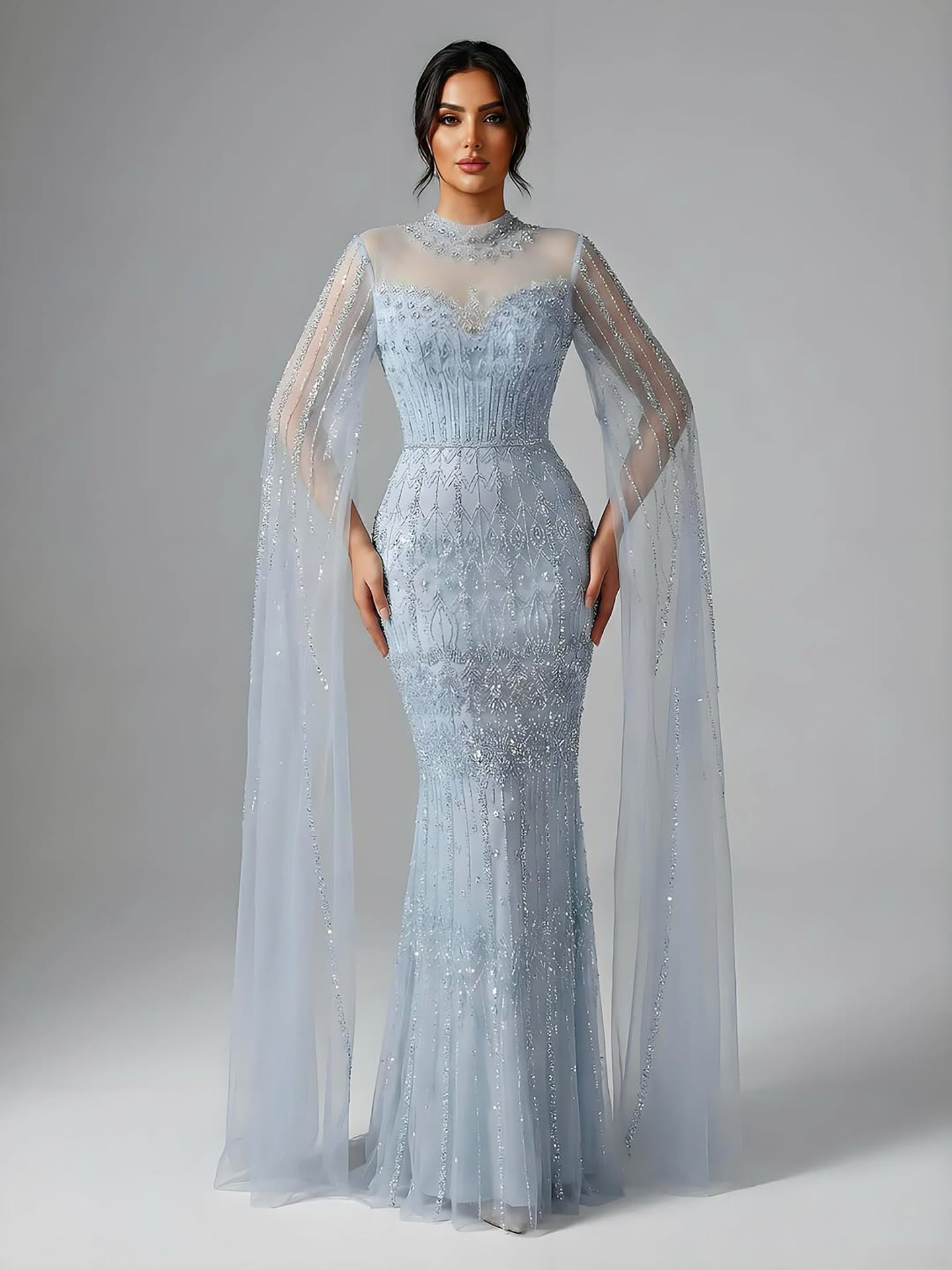 Luxury Arabic Blue Beaded Mermaid Evening Dress with Long Cape Sleeves LA72714AA