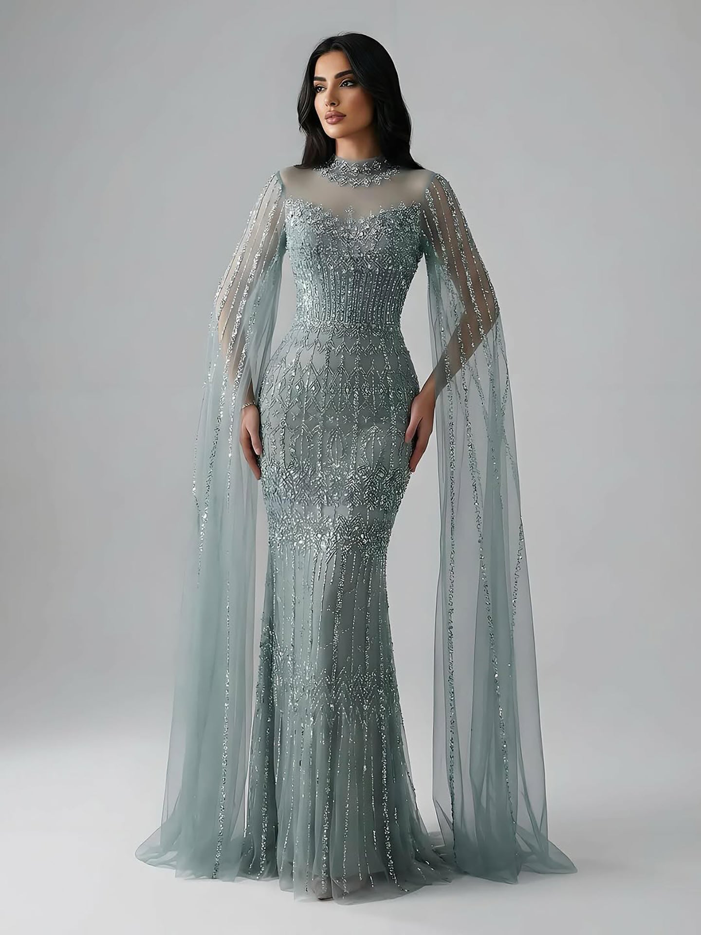 Luxury Arabic Blue Beaded Mermaid Evening Dress with Long Cape Sleeves LA72714AA