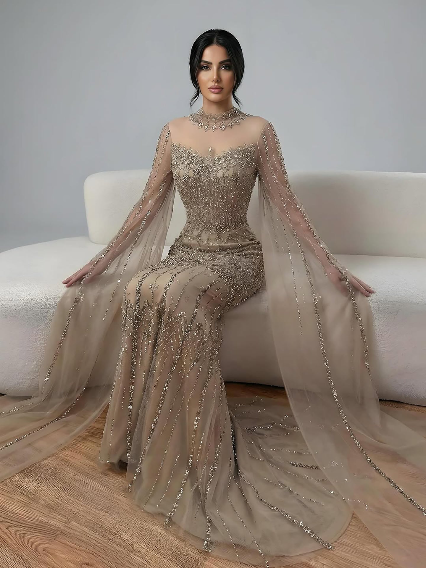 Luxury Arabic Blue Beaded Mermaid Evening Dress with Long Cape Sleeves LA72714AA