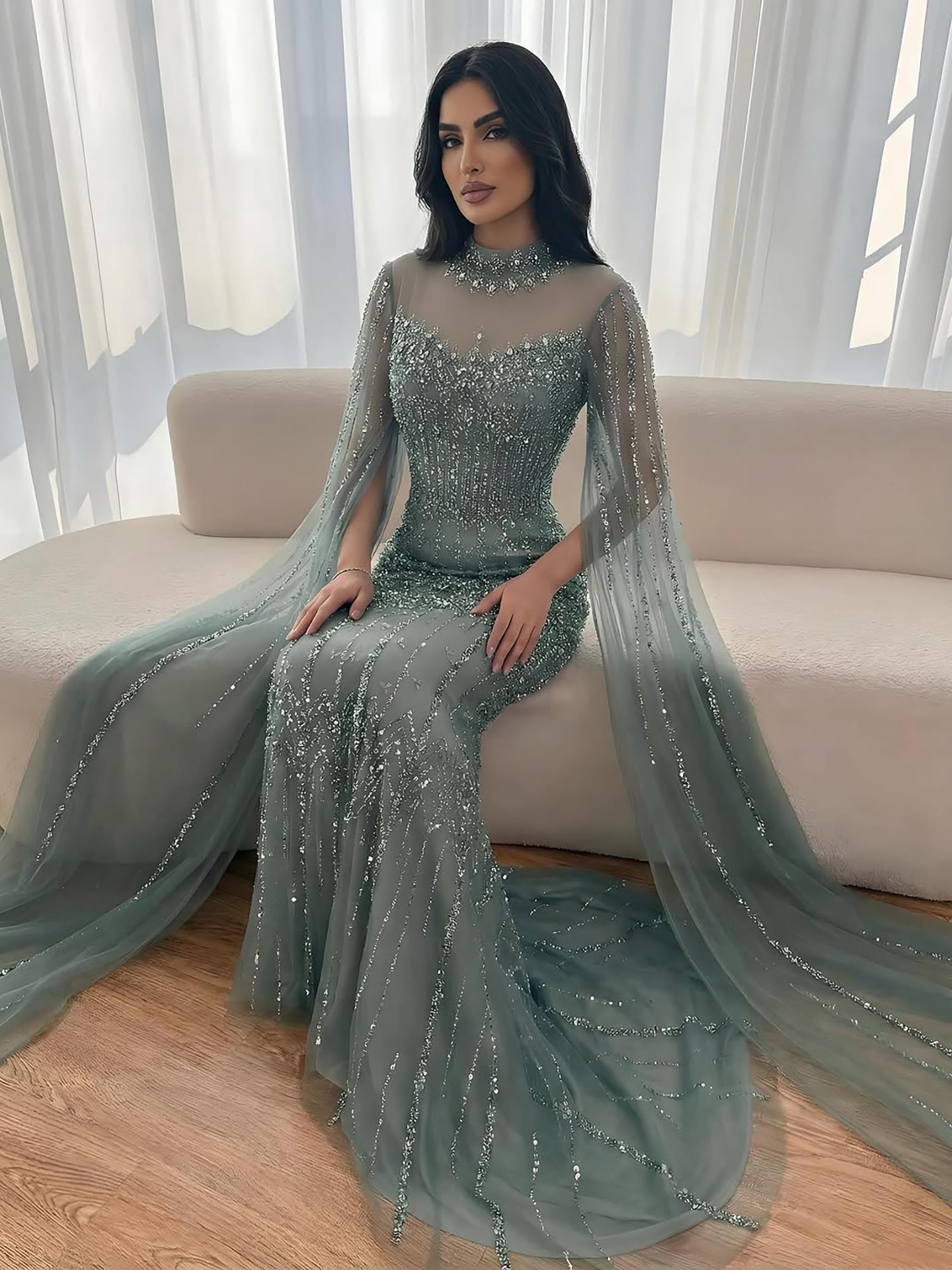Luxury Arabic Blue Beaded Mermaid Evening Dress with Long Cape Sleeves LA72714AA