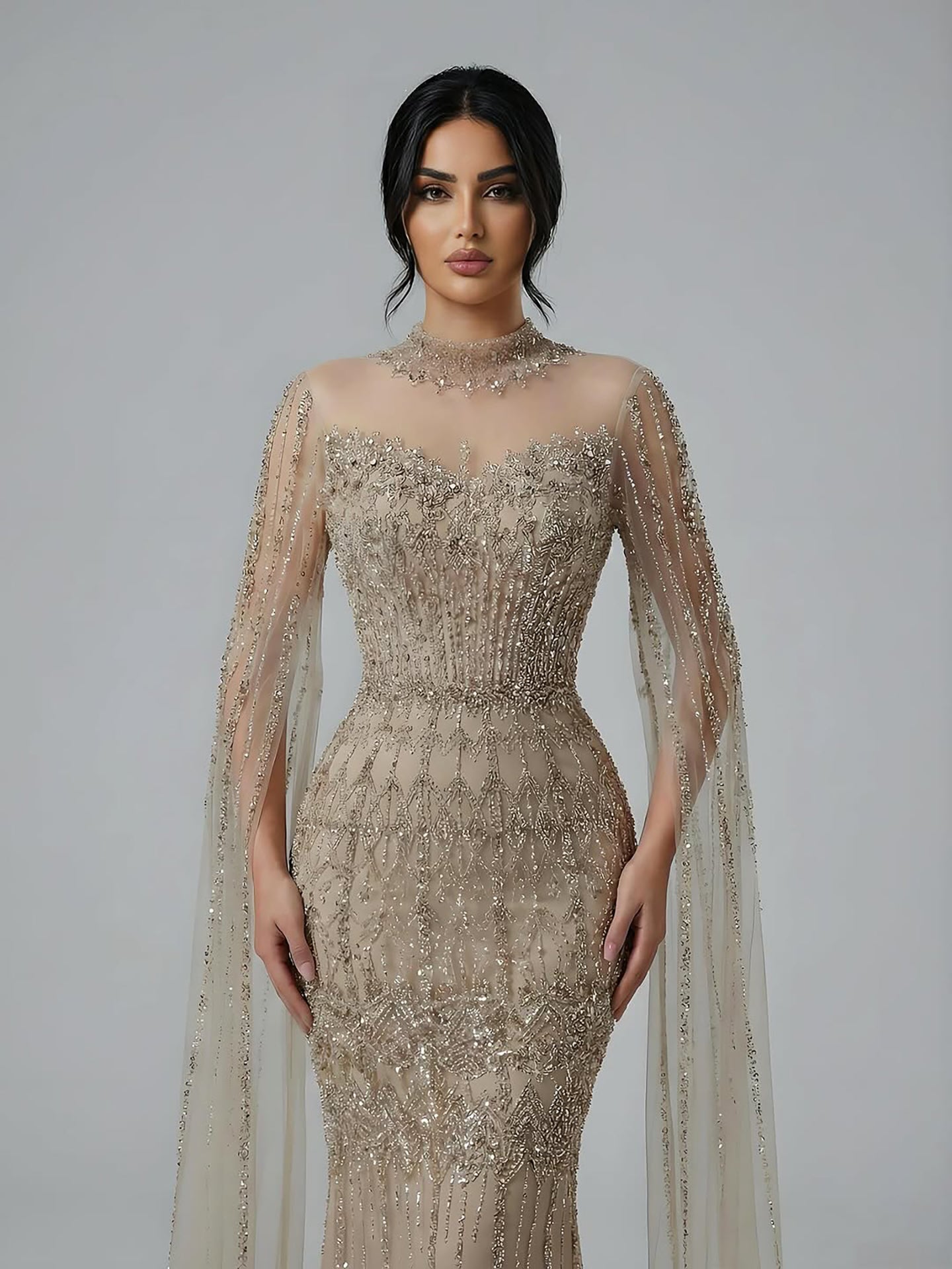 Luxury Arabic Blue Beaded Mermaid Evening Dress with Long Cape Sleeves LA72714AA