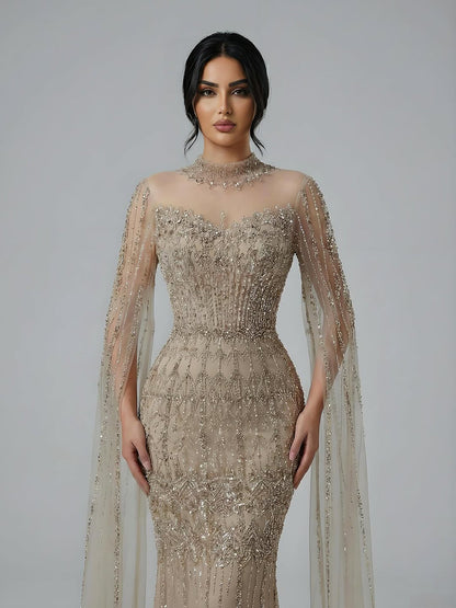 Luxury Arabic Blue Beaded Mermaid Evening Dress with Long Cape Sleeves LA72714AA