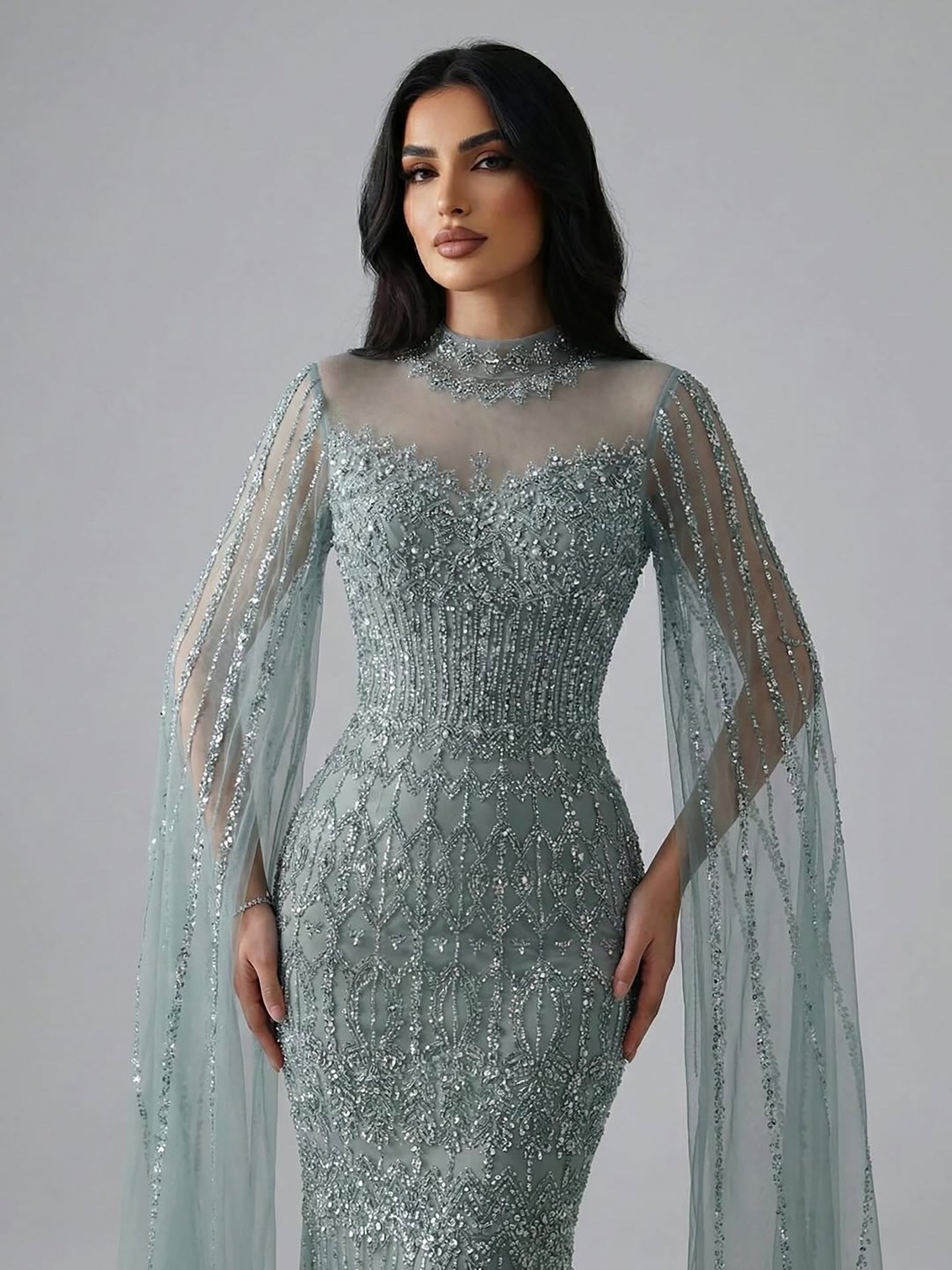 Luxury Arabic Blue Beaded Mermaid Evening Dress with Long Cape Sleeves LA72714AA