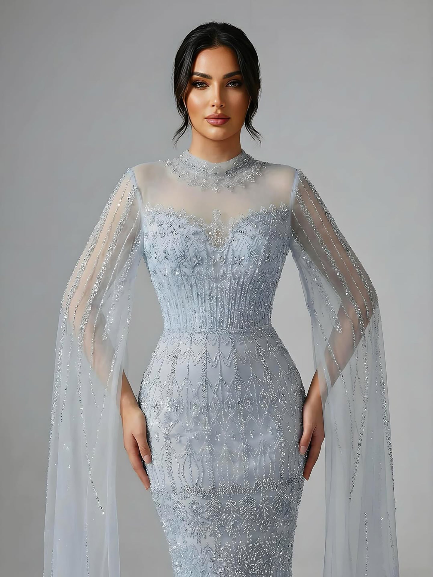 Luxury Arabic Blue Beaded Mermaid Evening Dress with Long Cape Sleeves LA72714AA