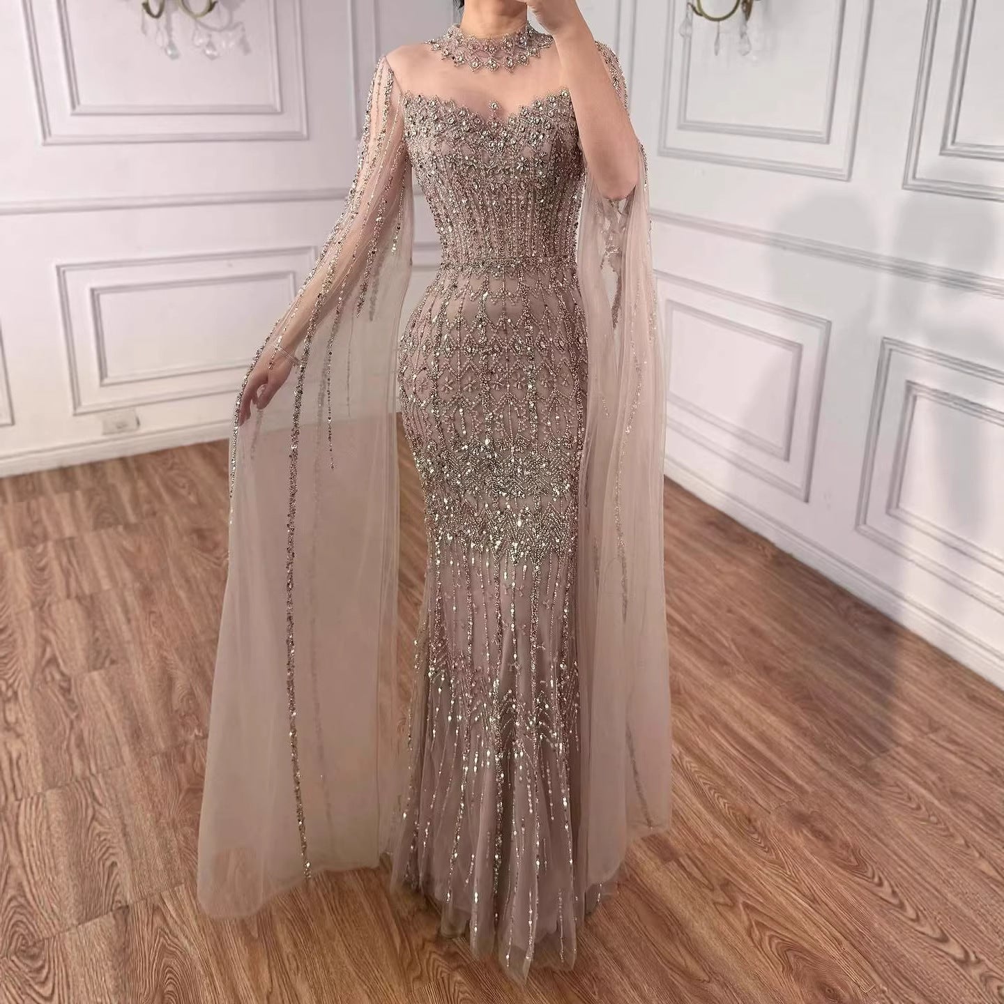 Luxury Arabic Blue Beaded Mermaid Evening Dress with Long Cape Sleeves LA72714AA