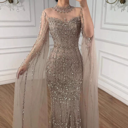 Luxury Arabic Blue Beaded Mermaid Evening Dress with Long Cape Sleeves LA72714AA
