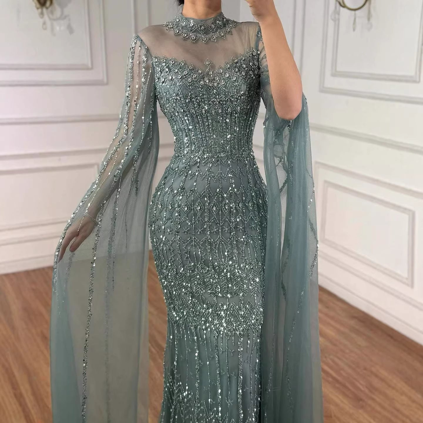 Luxury Arabic Blue Beaded Mermaid Evening Dress with Long Cape Sleeves LA72714AA