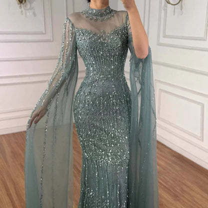 Luxury Arabic Blue Beaded Mermaid Evening Dress with Long Cape Sleeves LA72714AA