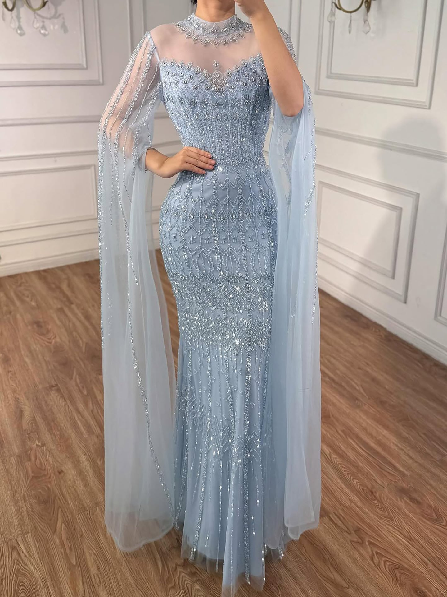 Luxury Arabic Blue Beaded Mermaid Evening Dress with Long Cape Sleeves LA72714AA