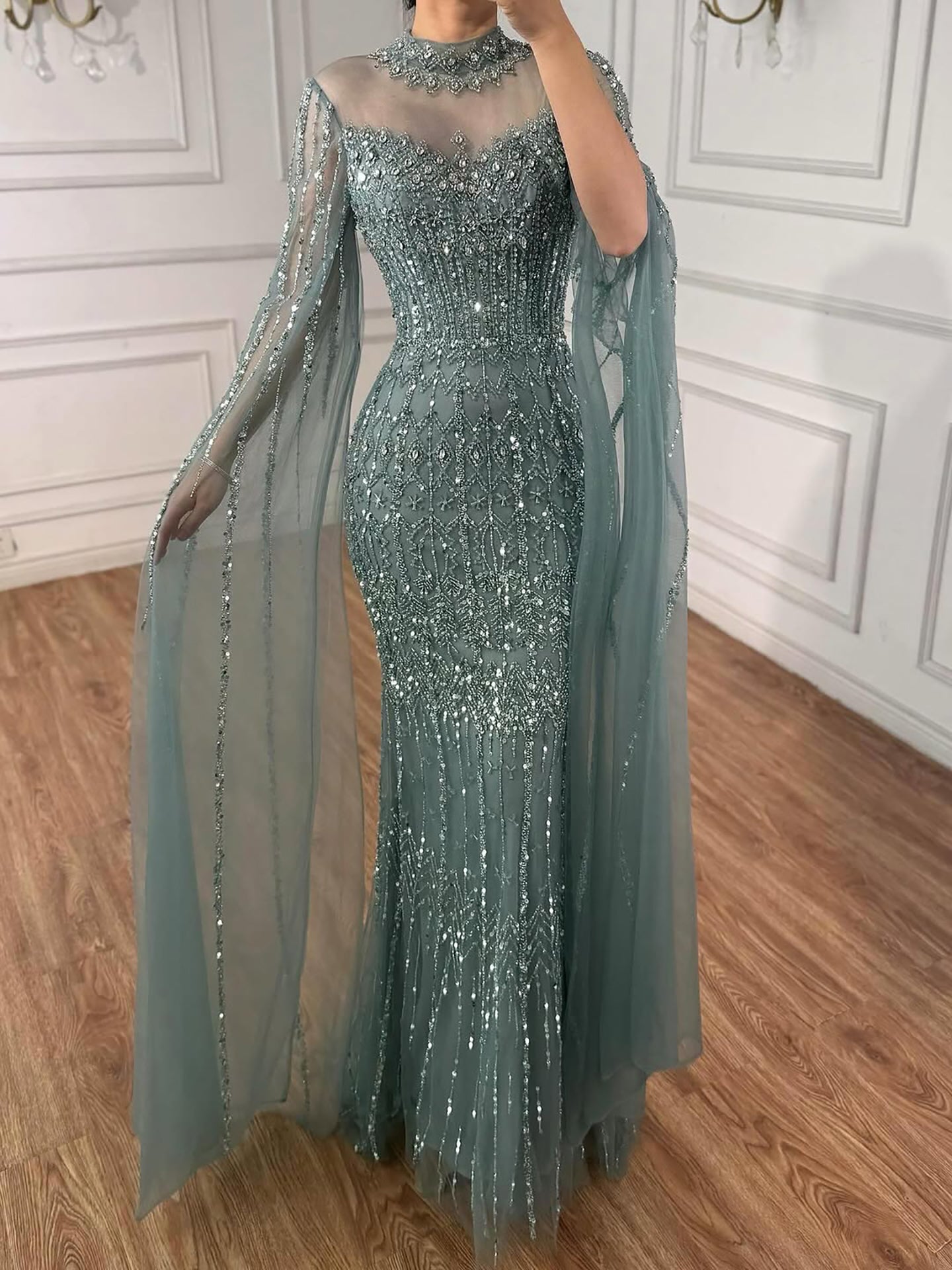 Luxury Arabic Blue Beaded Mermaid Evening Dress with Long Cape Sleeves LA72714AA