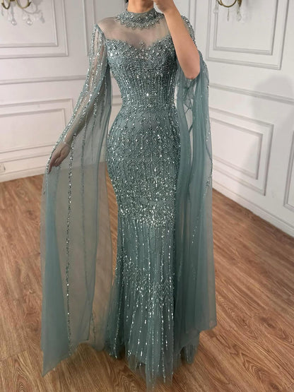 Luxury Arabic Blue Beaded Mermaid Evening Dress with Long Cape Sleeves LA72714AA