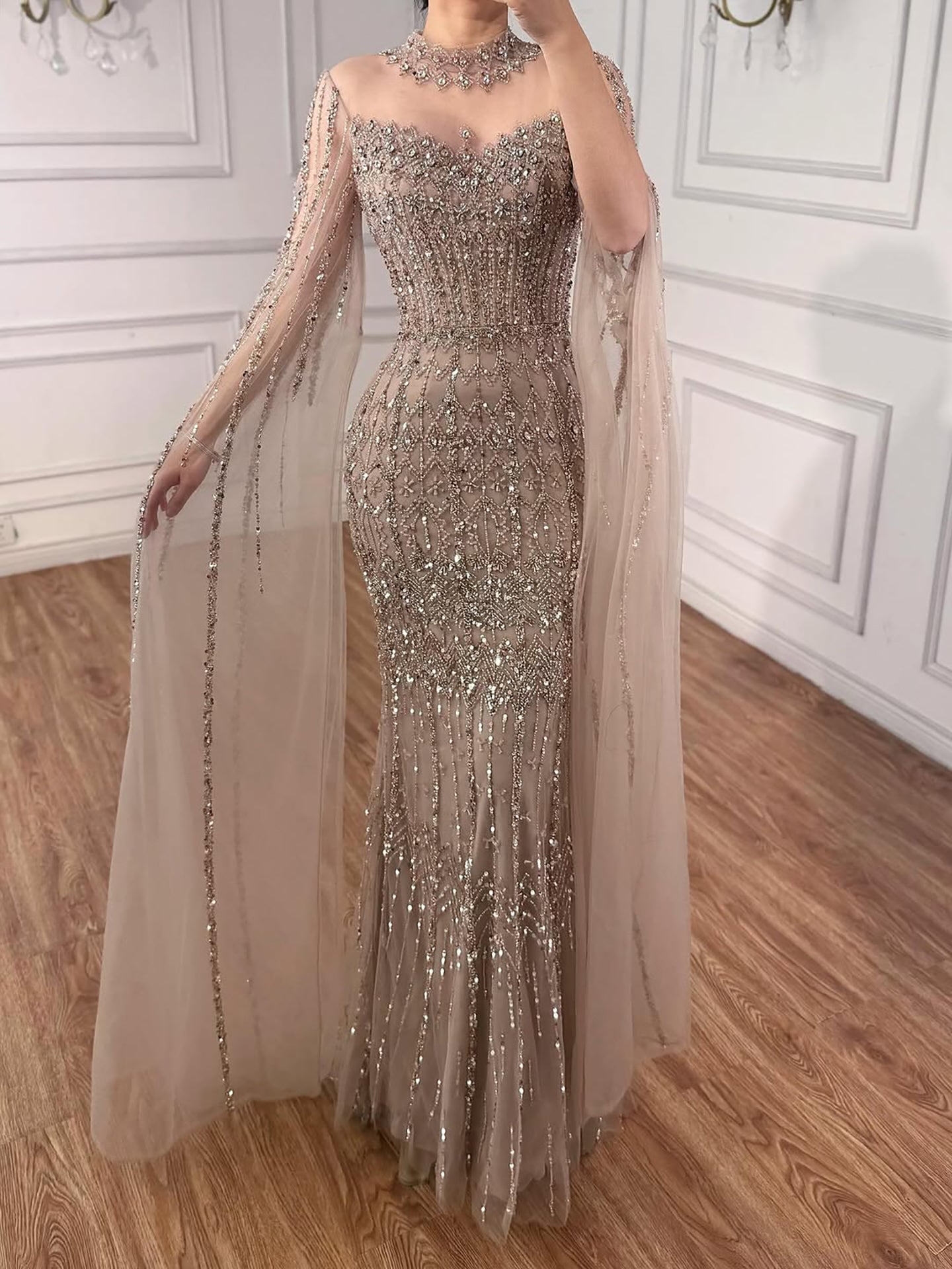 Luxury Arabic Blue Beaded Mermaid Evening Dress with Long Cape Sleeves LA72714AA