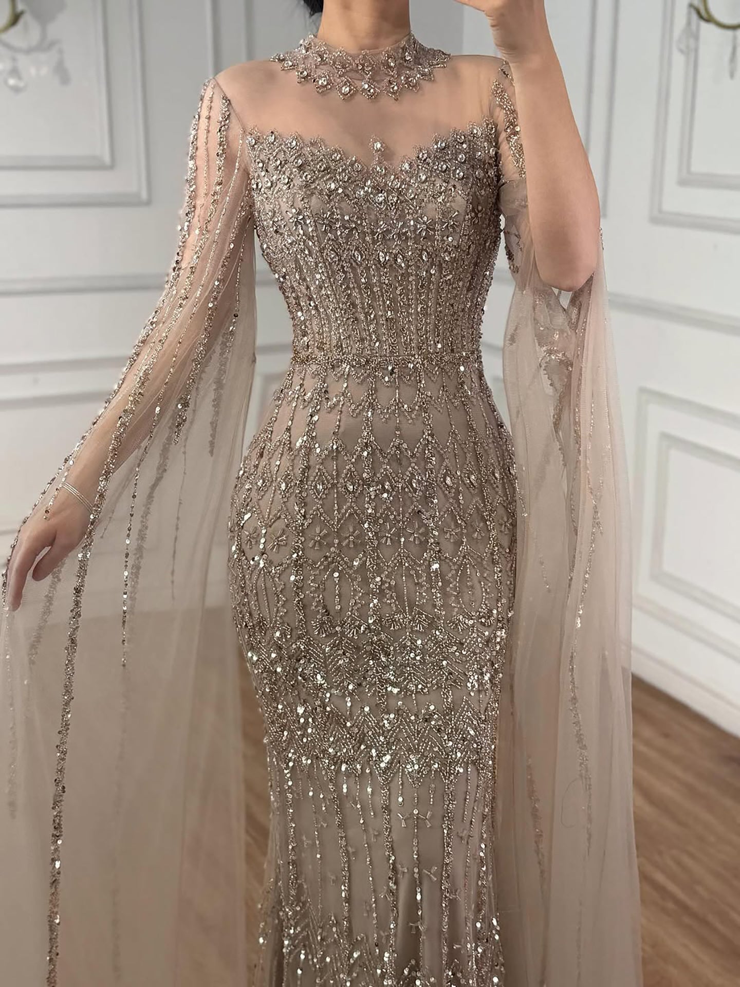 Luxury Arabic Blue Beaded Mermaid Evening Dress with Long Cape Sleeves LA72714AA