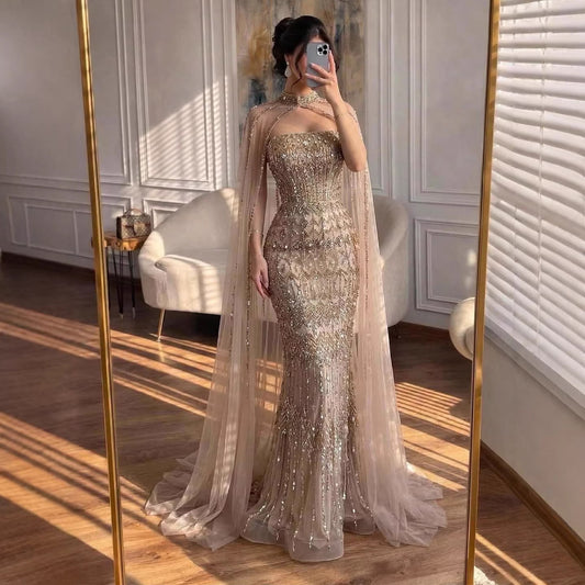 Luxury Turquoise Beaded Evening Dress with Detachable Cape LA72714B