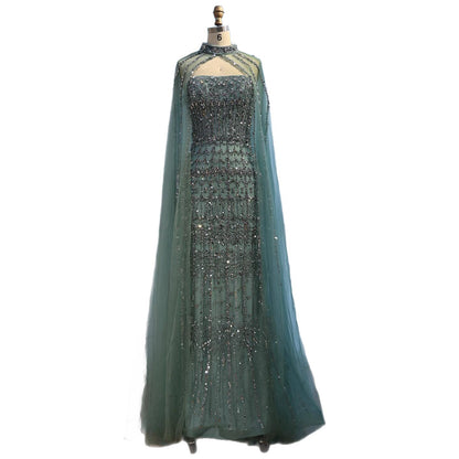 Luxury Turquoise Beaded Evening Dress with Detachable Cape LA72714B