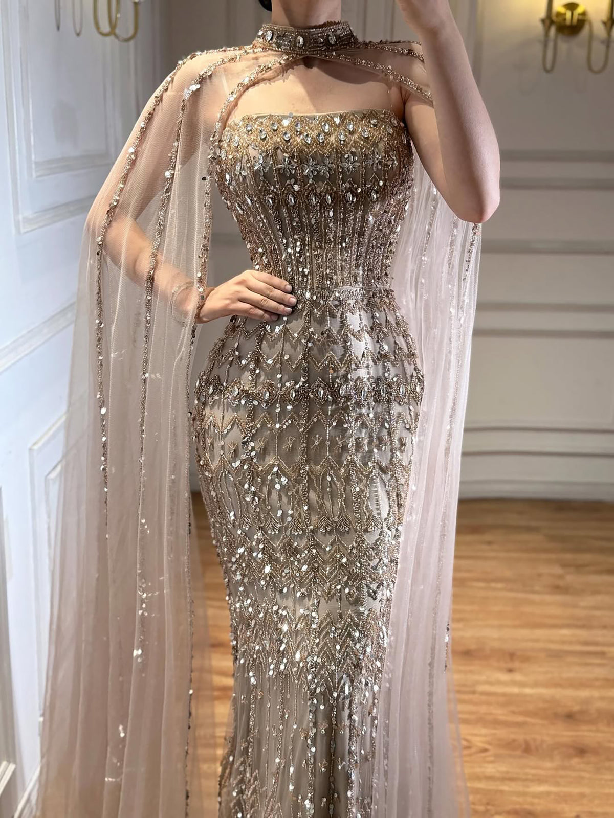 Luxury Turquoise Beaded Evening Dress with Detachable Cape LA72714B