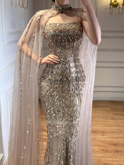 Luxury Turquoise Beaded Evening Dress with Detachable Cape LA72714B