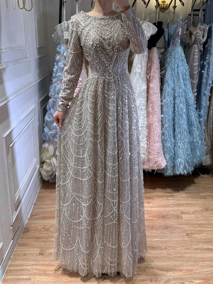 Luxuriöses, olivgrünes, perlenbesetztes A-Linien-Abendkleid in Übergröße LA72738B 