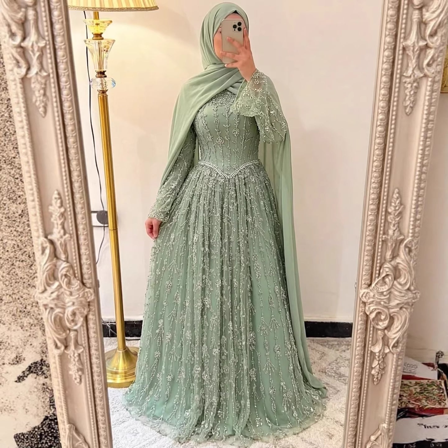 Luxury Sage Green Muslim Long Sleeve A-Line Evening Dress LA72805E