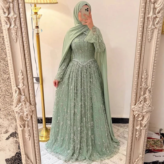 Luxury Sage Green Muslim Long Sleeve A-Line Evening Dress LA72805E