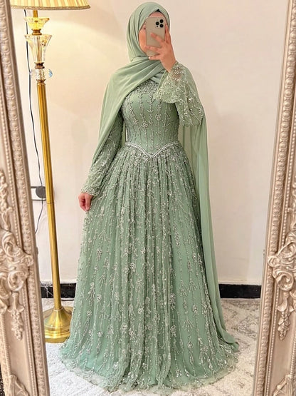 Luxury Sage Green Muslim Long Sleeve A-Line Evening Dress LA72805E