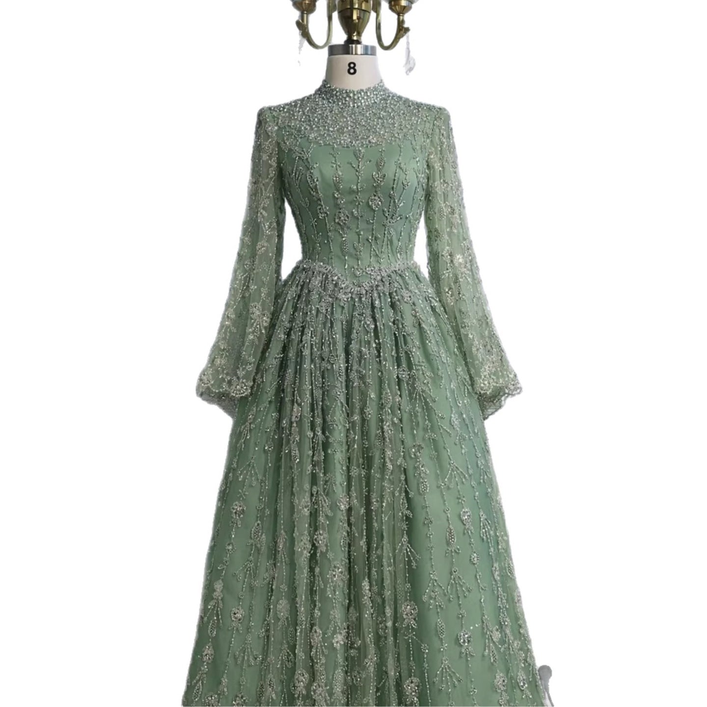 Luxury Sage Green Muslim Long Sleeve A-Line Evening Dress LA72805E
