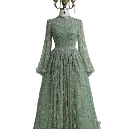 Luxury Sage Green Muslim Long Sleeve A-Line Evening Dress LA72805E