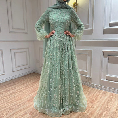 Luxury Sage Green Muslim Long Sleeve A-Line Evening Dress LA72805E