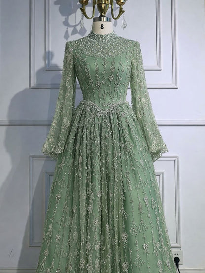 Luxury Sage Green Muslim Long Sleeve A-Line Evening Dress LA72805E