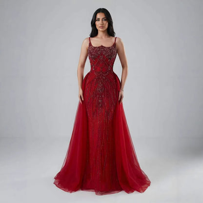 Luxury Dubai Nude Saudi Beaded Spaghetti Strap Evening Dress with Overskirt LA72810
