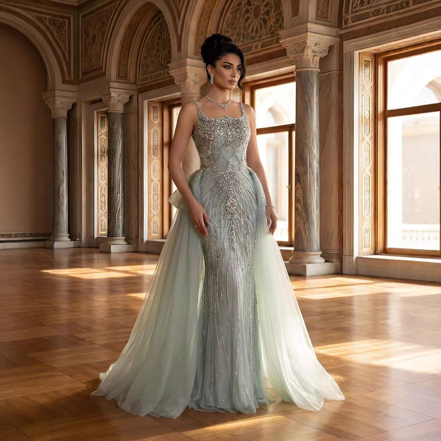 Luxury Dubai Nude Saudi Beaded Spaghetti Strap Evening Dress with Overskirt LA72810