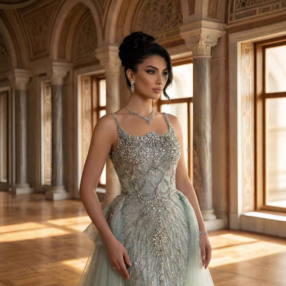 Luxury Dubai Nude Saudi Beaded Spaghetti Strap Evening Dress with Overskirt LA72810