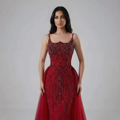Luxury Dubai Nude Saudi Beaded Spaghetti Strap Evening Dress with Overskirt LA72810