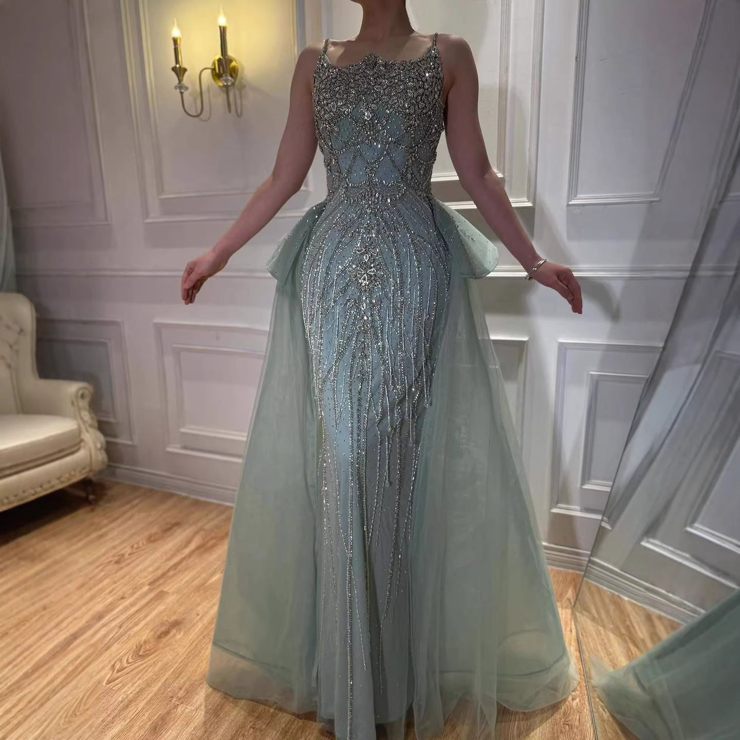 Luxury Dubai Nude Saudi Beaded Spaghetti Strap Evening Dress with Overskirt LA72810