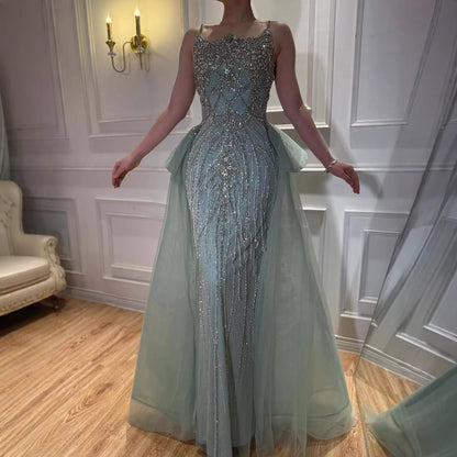 Luxury Dubai Nude Saudi Beaded Spaghetti Strap Evening Dress with Overskirt LA72810