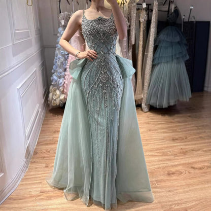 Luxury Dubai Nude Saudi Beaded Spaghetti Strap Evening Dress with Overskirt LA72810