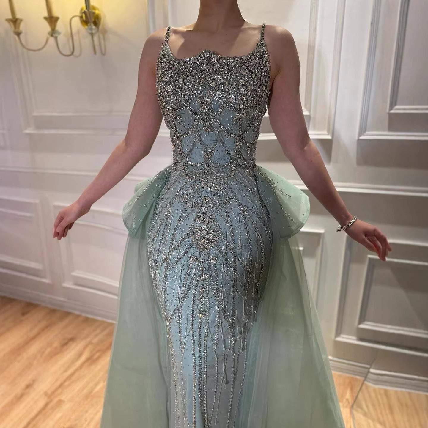 Luxury Dubai Nude Saudi Beaded Spaghetti Strap Evening Dress with Overskirt LA72810