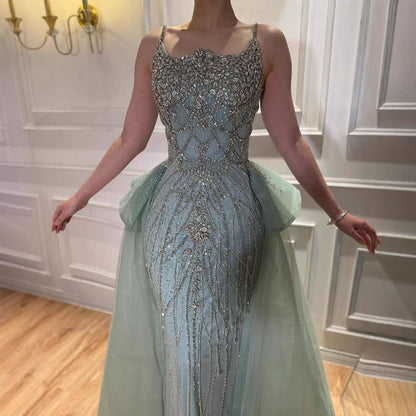 Luxury Dubai Nude Saudi Beaded Spaghetti Strap Evening Dress with Overskirt LA72810