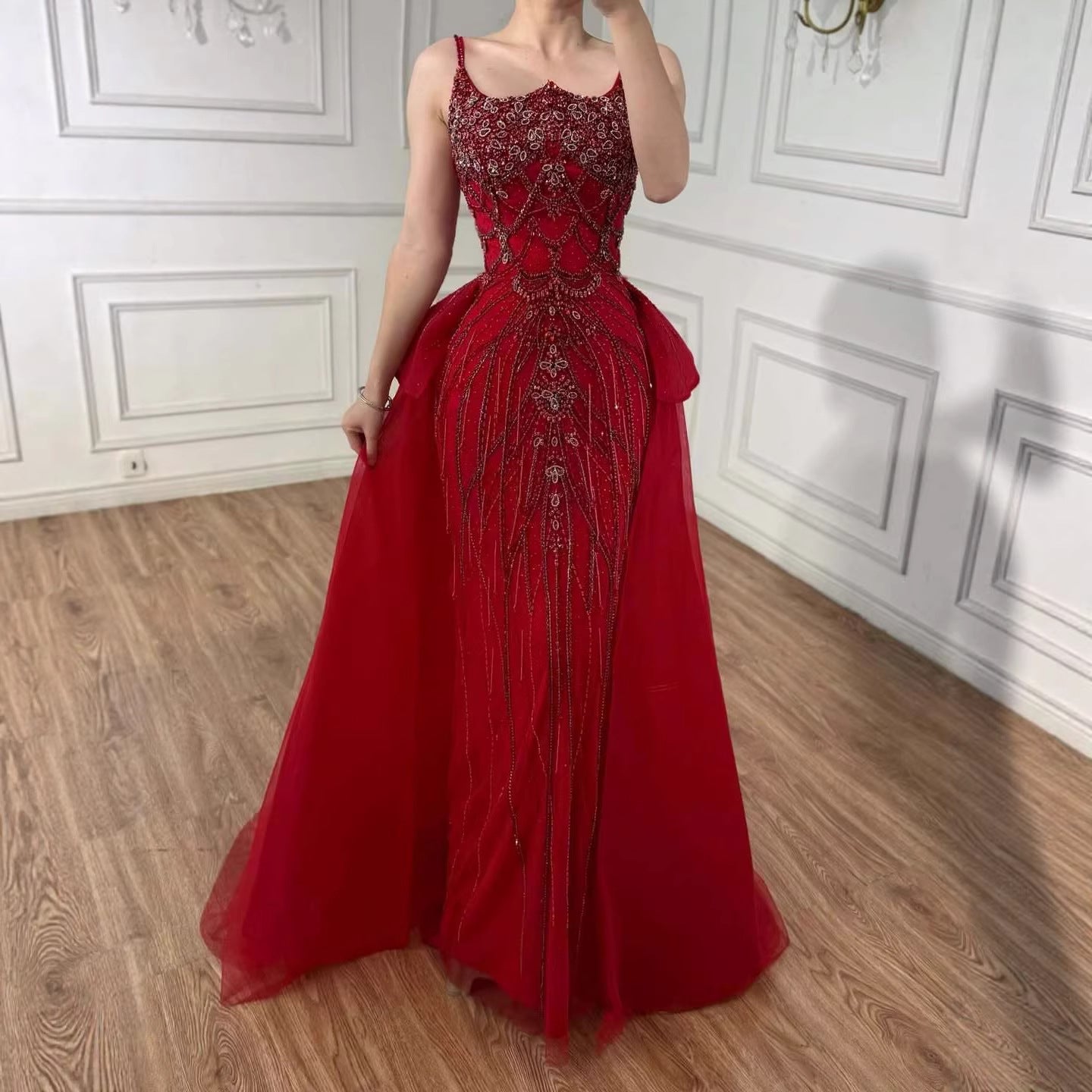 Luxury Dubai Nude Saudi Beaded Spaghetti Strap Evening Dress with Overskirt LA72810