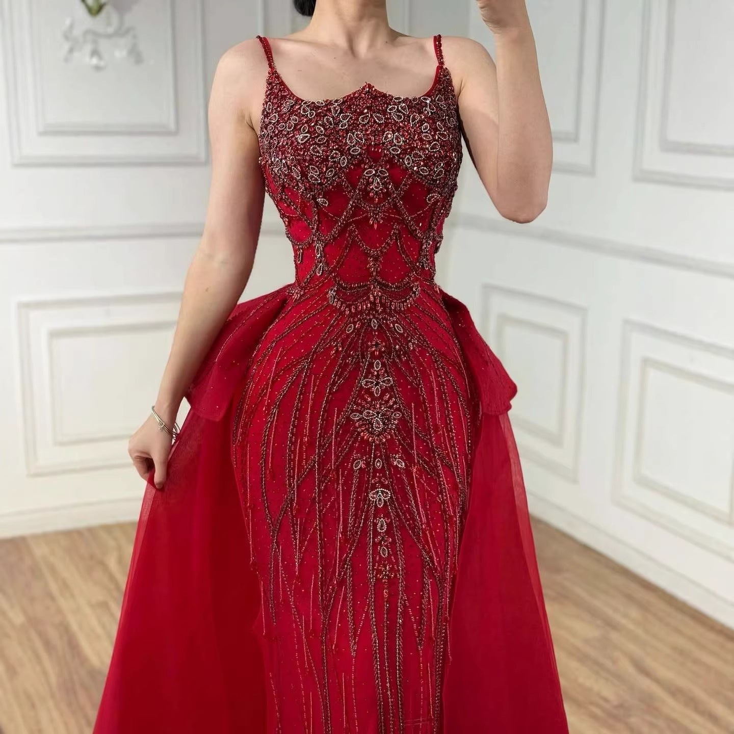 Luxury Dubai Nude Saudi Beaded Spaghetti Strap Evening Dress with Overskirt LA72810