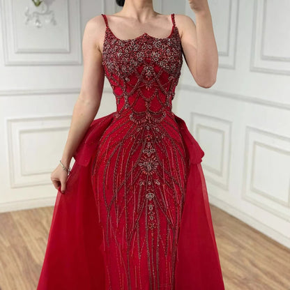 Luxury Dubai Nude Saudi Beaded Spaghetti Strap Evening Dress with Overskirt LA72810