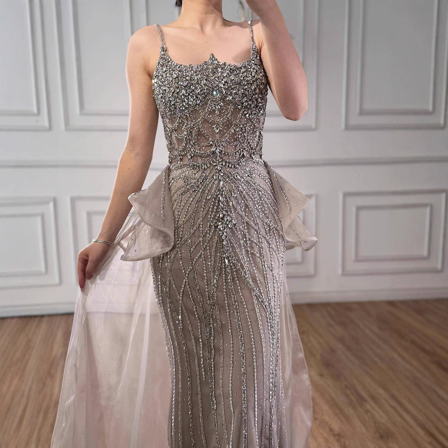 Luxury Caramel Crystal Beaded Spaghetti Strap Mermaid Evening Dress LA72810A