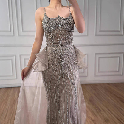 Luxury Caramel Crystal Beaded Spaghetti Strap Mermaid Evening Dress LA72810A