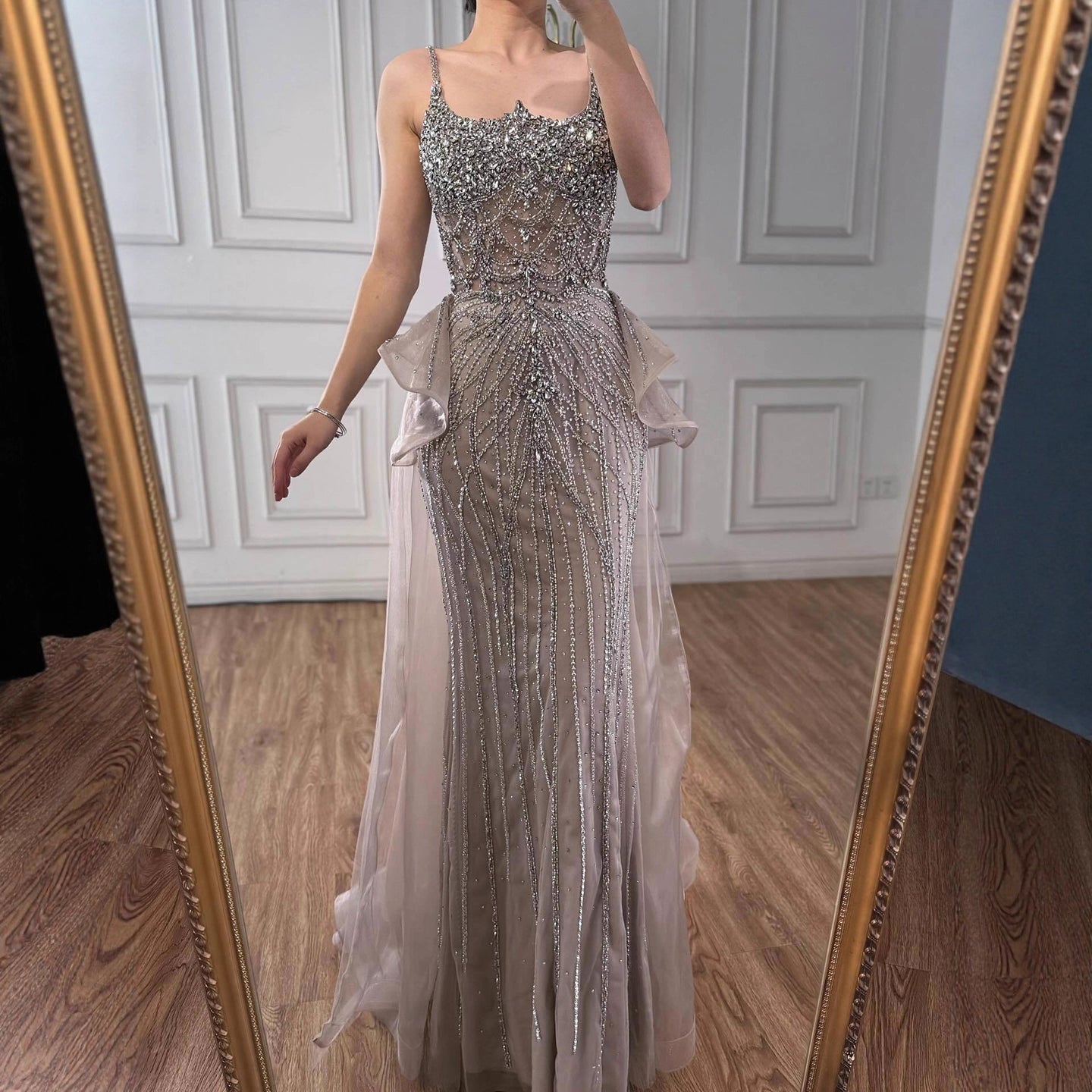 Luxury Caramel Crystal Beaded Spaghetti Strap Mermaid Evening Dress LA72810A