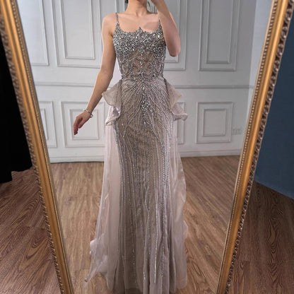 Luxury Caramel Crystal Beaded Spaghetti Strap Mermaid Evening Dress LA72810A