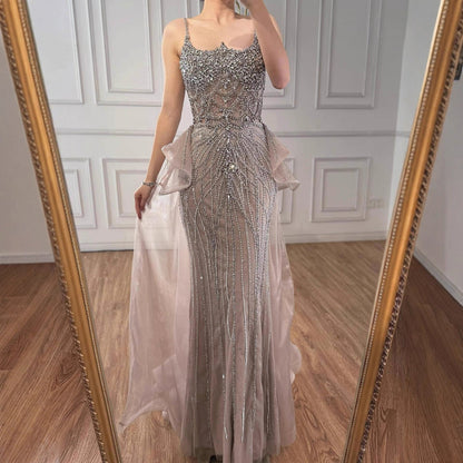 Luxury Caramel Crystal Beaded Spaghetti Strap Mermaid Evening Dress LA72810A